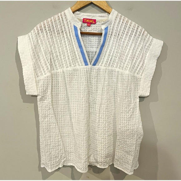 THML Tops - THML White Blue Check V-Neck Tunic Blouse Trim Short Sleeve Womens Size M